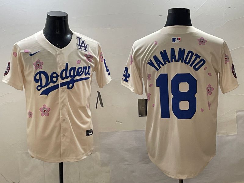 Men Los Angeles Dodgers 18 Yamamoto Cream Sakura Edition 2025 Nike MLB Jersey style 14